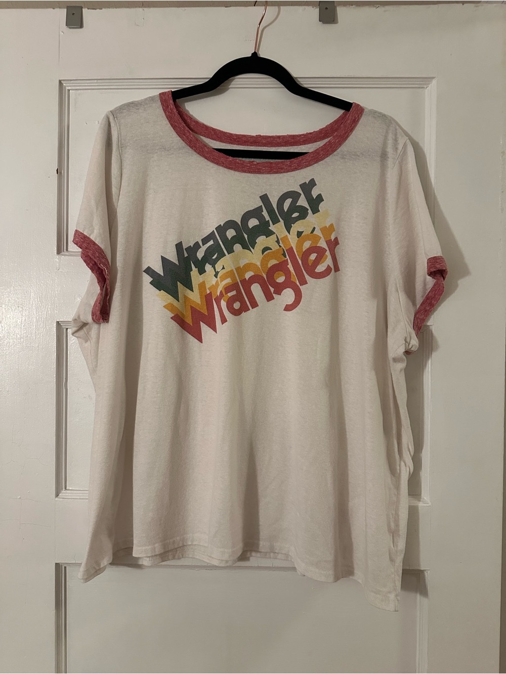 Mod Cloth Wrangler Plus Women's White Graphic Ringer Tee with Pink Trim